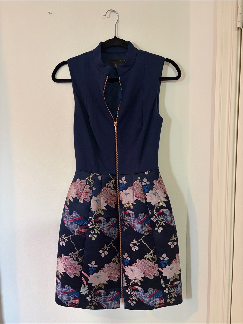 Ted Baker Navy Floral & Bird Zip-Front Mini Dress